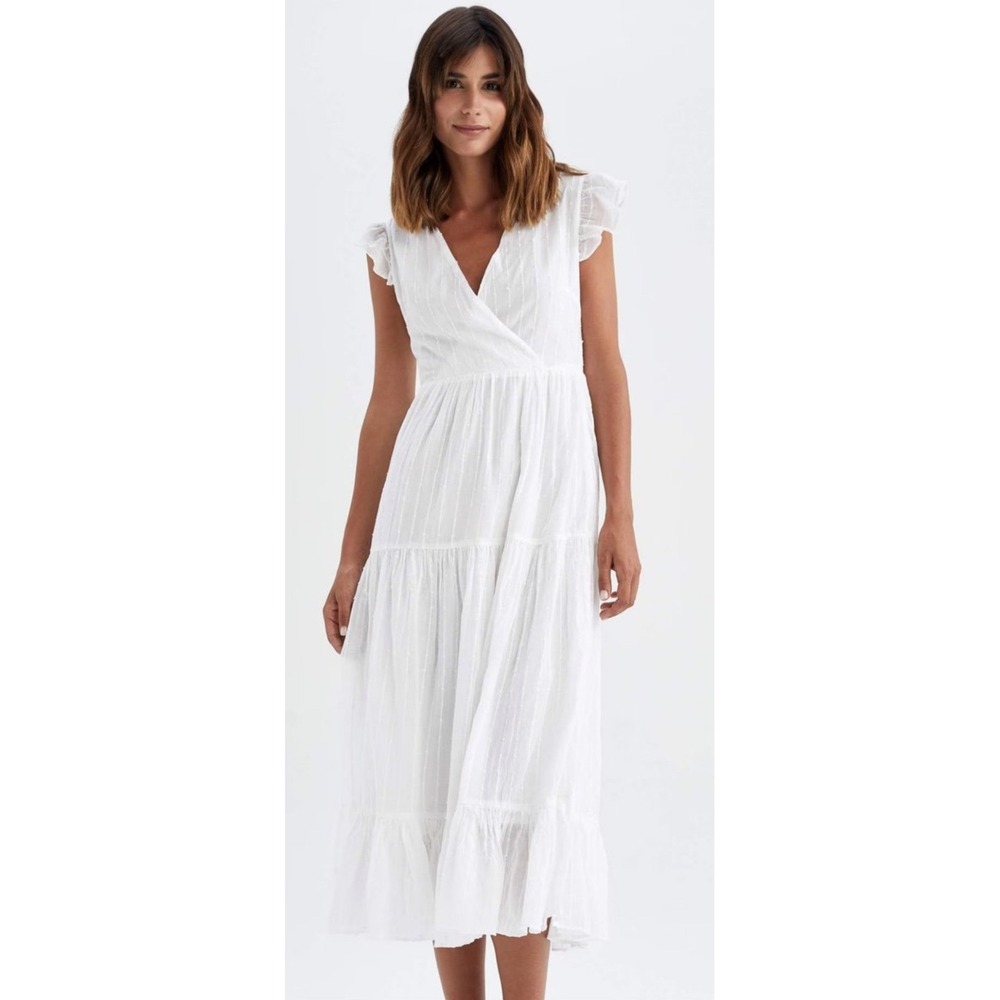 Zara‎ White Textured Midi Dress Lace Up Back Ruffle Sleeve Size Small